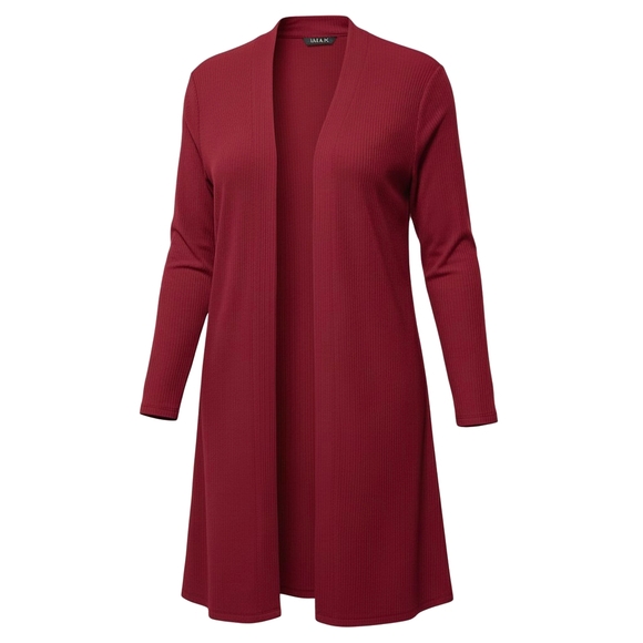 Iman Cardigan- Deep Red Open Front Ribbed Knit w Pockets- Size Large EUC - Picture 8 of 9